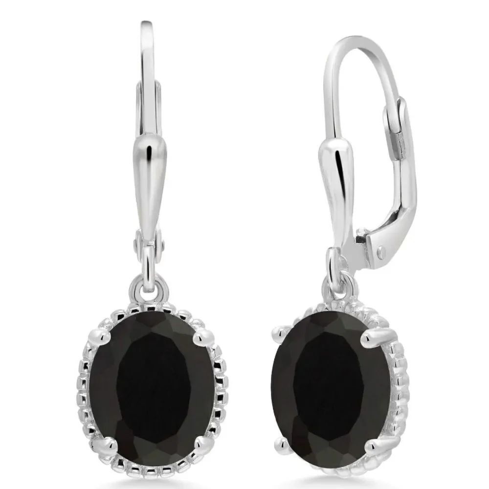 925 Sterling Silver with 4.00 Cttw Black Onyx Oval Leverback Hook Earrings